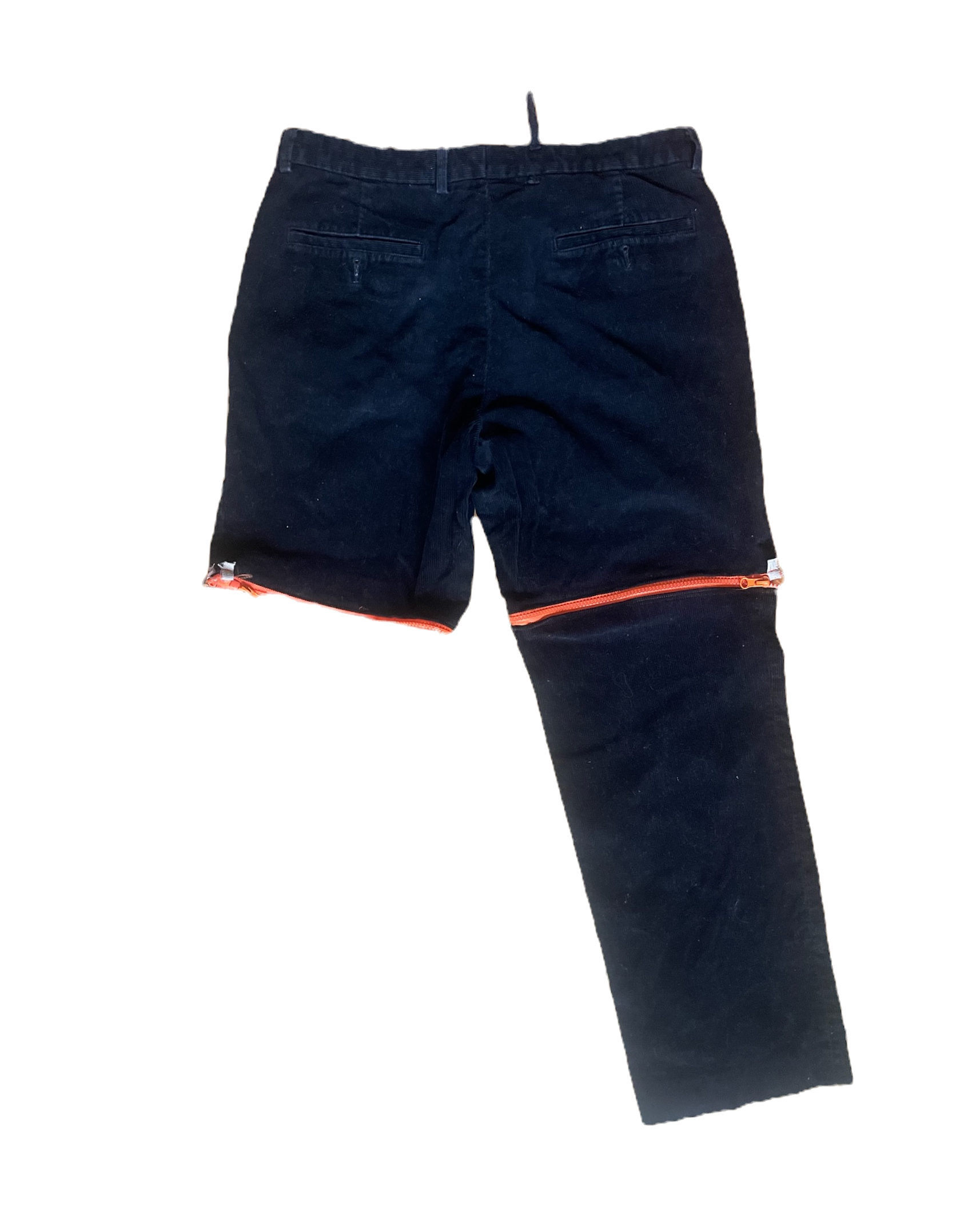 Back view of Halloween Cords with one lower leg unzipped